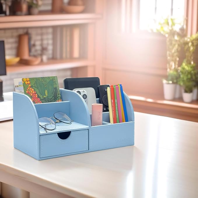 UnionBasic Desk Organizer - Multifunctional Leather Desktop Pen Holder Storage Box - Business Card/Pen/Pencil/Mobile Phone/Stationery Holder, Blue