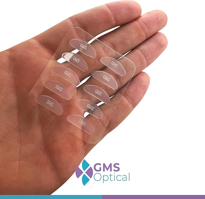 GMS Optical Large Adhesive Contoured Regular-Thin Silicone Nose Pads - Non Slip Nose Grips for Glasses, Sunglasses and Eyewear w/Super Sticky Backing, Eyeglass Accessories - 5 Pairs, Clear