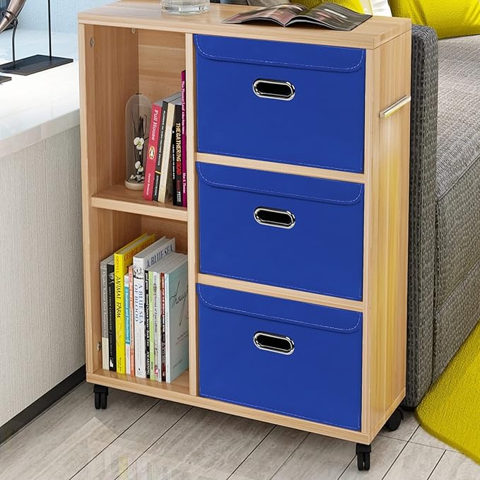 Linen Fabric Foldable Collapsible Storage Cube Bin Organizer Basket Fabric Storage Bins with Lid, Leather Handles, Removable Divider for Home, Closet, Dark Blue 3Pcs