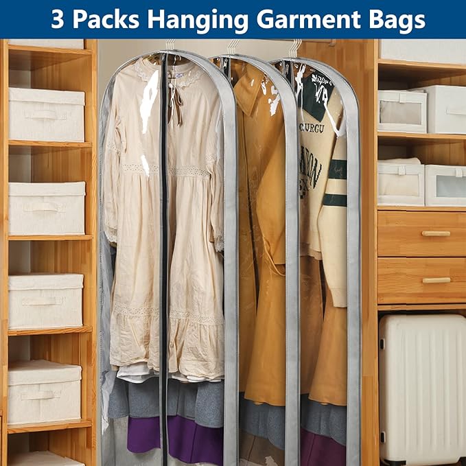 3 Pack 60" Long Garment Bags for Hanging Clothes Storage, Clear Suit Garment Bags with 4" Gussets for Closet Storage Travel, Plastic Protector for Dress Gowns, Coats, Suit, Down Jacket