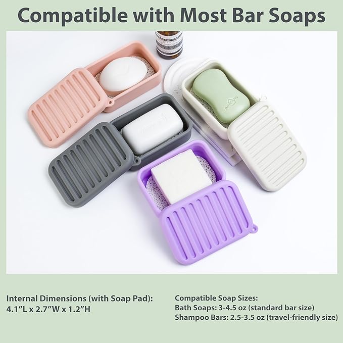 2PC Portable Leakproof Travel Soap Case, Silicone Travel Soap Case, Compact Soap Holder with Drainage Layer, Travel Soap Holder for Camping, Gym, Outdoor (Light-Purple&Rice-White)