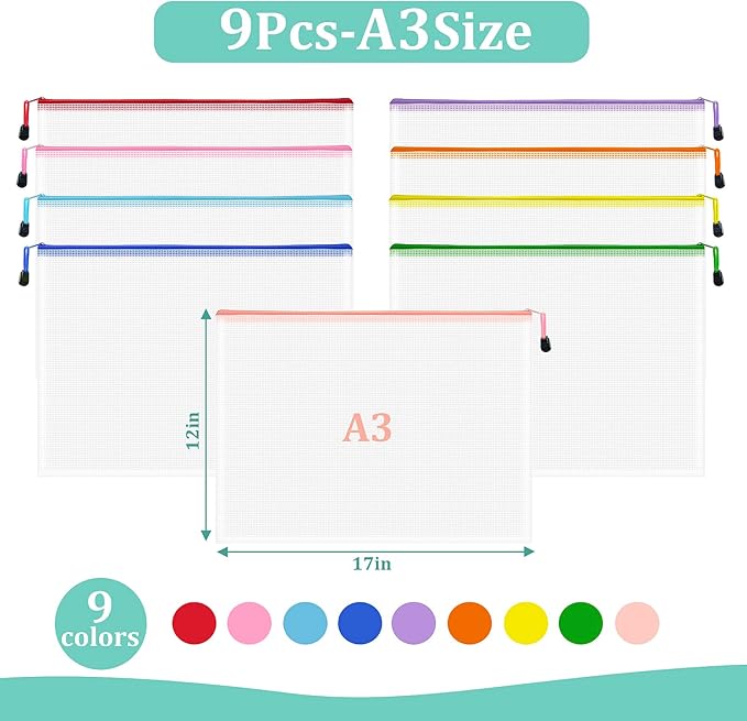 9pcs Mesh Zipper Pouch Bags, A3 Sizes, 9 Colors, Board Game Storage, Travel, School, Office Organize