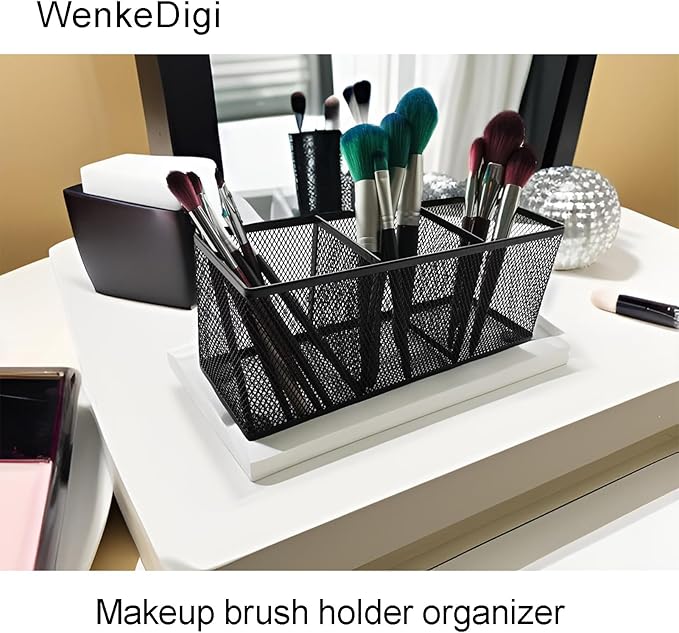 2-Pack Metal Mesh Pencil Holder, Spacious 3-Compartment Desk Organizer for Pens, Makeup Brushes, Utensils, Desktop Storage for Home, Office, School, Kitchen, 10.43x3.35x4.04 Inch, Black