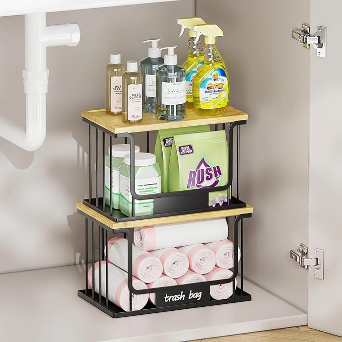 1 Pack Trash Bag Holder, Stackable Garbage Bag Dispenser Under Sink with Bamboo Top & Metal Base for Kitchen Countertop Organization and Storage, Laundry, Pantry Organizer (Black, 11.2" × 6.7" × 7.1")