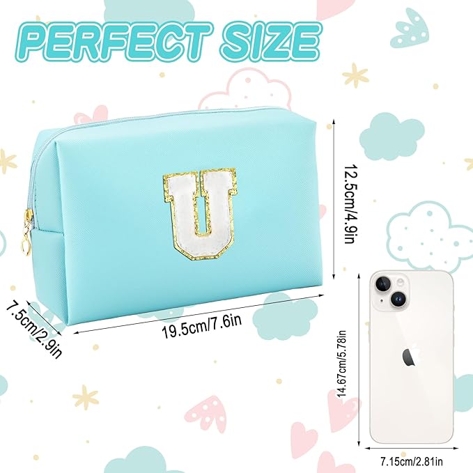 Gifts for Girls Initial Makeup Bag Personalized Cosmetic Bag with Zipper Cute Travel Toiletry Bag Waterproof PU Preppy Makeup Pouch Birthday Gift for Teen Girls Women(Blue U)