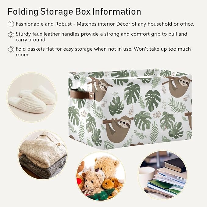 Aslsiy Storage Basket Sloth Tropical Leaves Nursery Bins Baby Box Canvas Clothes Shelf Basket Laundry Hamper Gift Basket for Home Closet 1 Pcs