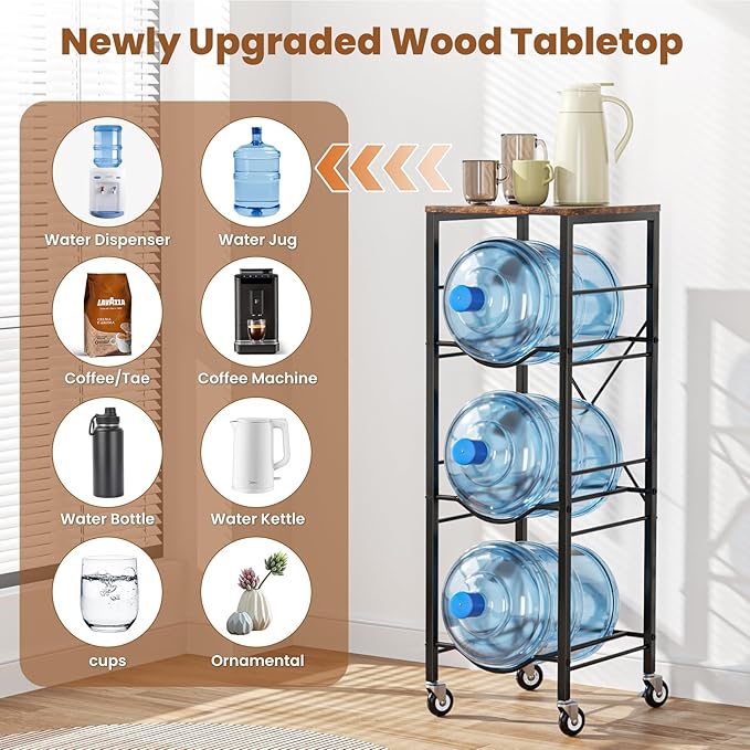 5 Gallon Water Jug Holder - 3-Tier Water Jug Rack with Wheel Reinforced X-Shape Design, 5 Gallon Water Jug Stand with Storage Shelves for Kitchen, Living Room, Office