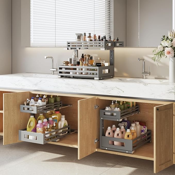 1-Pack Under Sink Organizers and Storage, 2-Tier L-Shape Pull Out Cabinet Organizer with Round Tube Slide Rails, Height Adjustable Slide Out Drawers for Kitchen & Bathroom, Multi-Purpose Storage Shelf - Gray