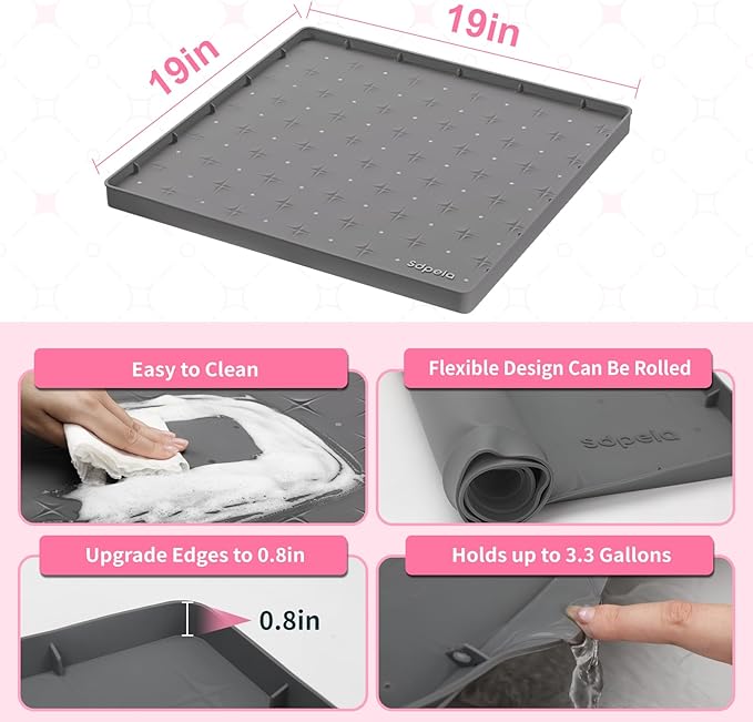 Sdpeia Under Sink Mat 19"×19" Waterproof Silicone Cabinet Liner & Sink Protector for Kitchen & Bathroom, Multi-Purpose Organizers Tray for Pets, Laundry, Cat Litter Mat,Gray