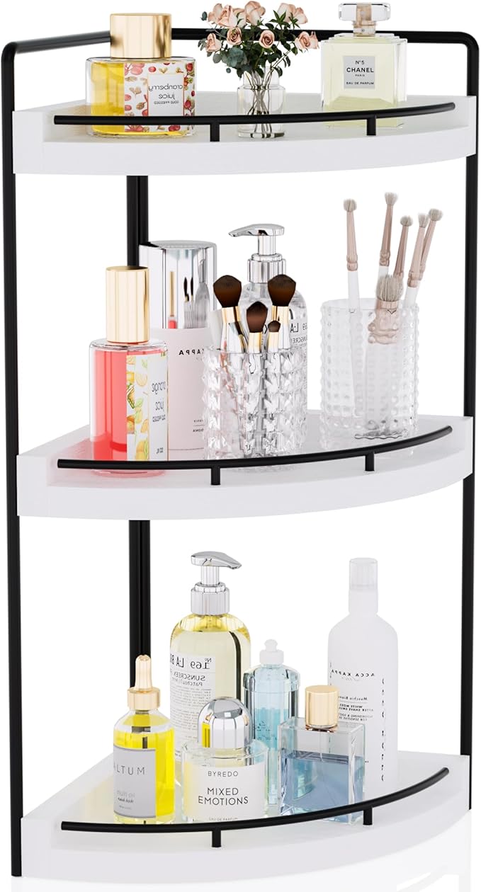 Corner Bathroom Counter Organizer, 3 Tier Bathroom Sink Shelf Countertop, Wood Vanity Skincare Storage for Toiletries Decor, Makeup, Dresser (White)