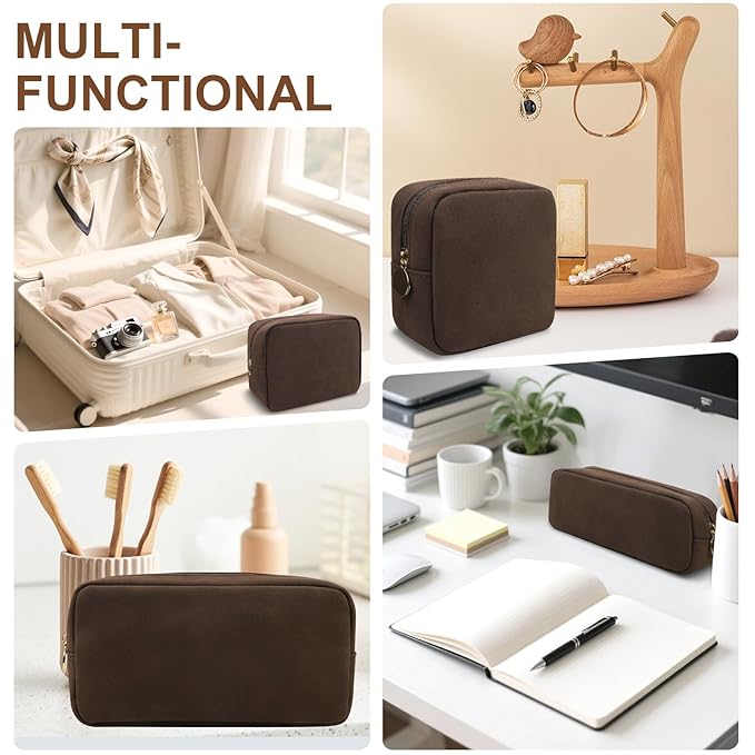 Waterproof Small Makeup Bag for Purse,Cute Pouch Preppy Suede Makeup Brush Holder with Zipper,Girls Teens Portable Storage Case Small Travel Toiletry Bag for Office(Slim-Coffee)