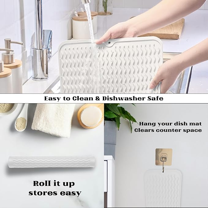 ZLR Silicone Dish Drying Mat for Kitchen Counter, Eco-Friendly Fast Dry Dish Mat, Easy Clean Multi Usage Drying Matt, Heat Resistant Trivet, 12" x 12" Middle, Milk White