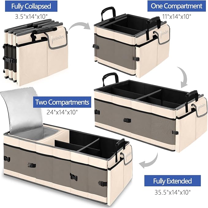 Trunk Organizer with Built-in Insulated Leak-Proof Cooler Bag, Collapsible Cargo Organizer for SUV with Non-Slip Bottom Strips, 3 Large Compartments Foldable Waterproof Portable Car Storage Box