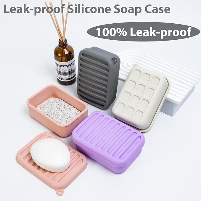 Portable Leakproof Travel Soap Case, Silicone Travel Soap Case, Compact Soap Holder with Drainage Layer, Travel Soap Holder for Camping, Gym, Outdoor (Light-Purple)