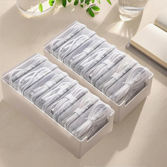 RayHenry 2 PCS Cable Organizer Box with 7 Clear Switch Case, Desktop Charger Cord Storage Organizer Box for Home Office Desk Accessories Wire Organization Stationery Supplies (white)