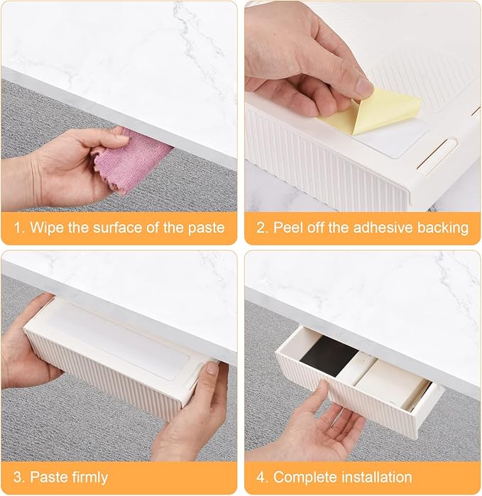 YOOUSOO 2 Pack Under Desk Drawer Storage, Under Desk Organizer, Hidden Self-Adhesive Desks Drawers Slide-out, Stick on Desks Drawer White, Under Mount Drawers for Office/Classroom/Home