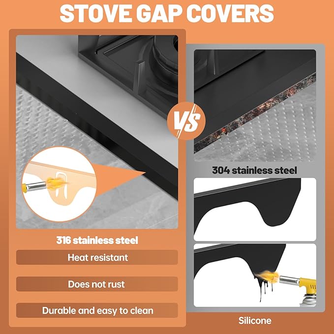 Stove Gap Covers 316 Stainless Steel,2 Pack 23.2" Fixed Stove Gap Filler,Heat Resistant Stove Gap Guards,Between Stove and Counter Slide In Range Trim Kit for Kitchen,Upgrade Shiny Black