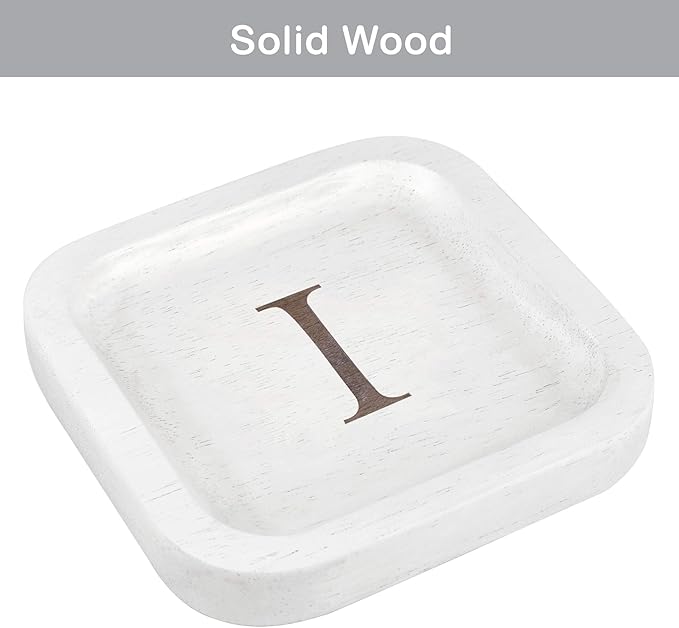 Wooden Personalized Letter Catchall Valet Tray Trinket Dish Jewelry Tray Key Bowl Decorative Plate Organizing Ring Earrings Necklaces Bracelet Watch Coins Wallet Holder (6"x6" Sq White "I")