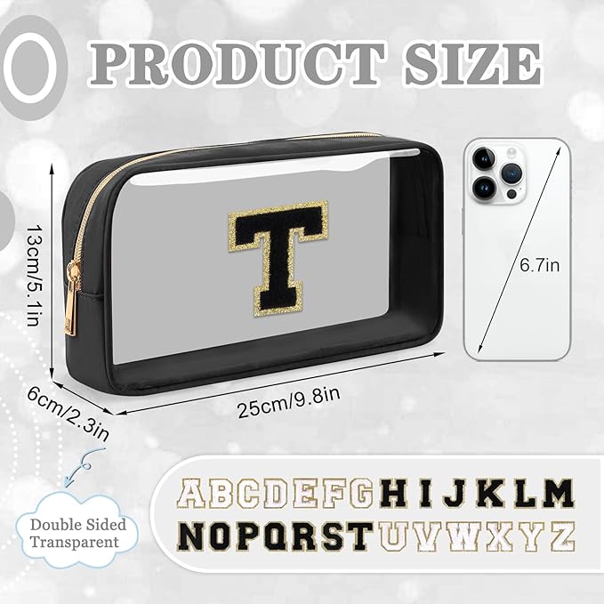 Small Clear Personalized Initial Makeup Bag, Preppy Nylon A-Z Chenille Letter Patch Makeup Organizer TSA Approved Travel Toiletry Bag,Waterproof Zip Beach Cosmetic Pouch Purse for Women(Black-Black T)