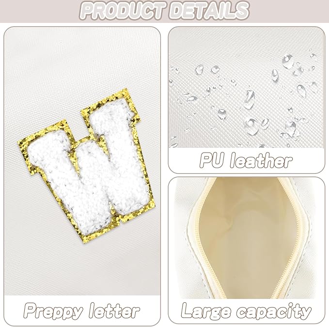 Gifts for Girls Initial Makeup Bag Personalized Cosmetic Bag with Zipper Cute Travel Toiletry Bags Waterproof PU Preppy Makeup Pouch Birthday Gift for Teen Girls Women(White W)