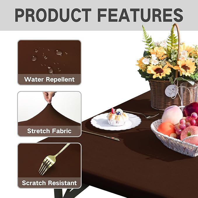 Square Fitted Table Cover Elastic Tablecloth Stretch Spandex Table Top Cover Table Topper Cap for Dining Kitchen Home Party Brown 34X34 Inch