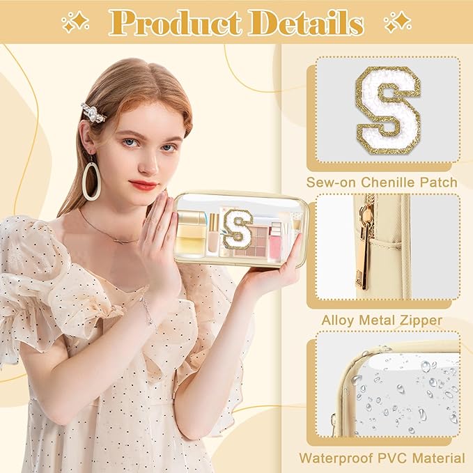 Personalized Initial Letter Clear Makeup Bag, Preppy Small Nylon & PVC Cosmetic Zipper Bag with Chenille Letter, Portable Beach Travel Skincare Toiletry Bag, Trendy Monogram Gift for Teen Girls Women, S