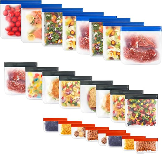 24-Pack Reusable Silicone Food Storage Bags – BPA-Free, Leakproof Ziplock Set | Includes 8 Small, 8 Medium & 8 Large | Freezer-Safe & Eco-Friendly for Kitchen, Meal Prep & Travel