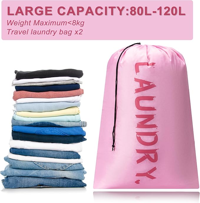 4 Pack XL Travel Laundry Bag, Machine Washable Dirty Clothes Organizer with Drawstring, Large Enough to Hold 4 Loads of Laundry, Easy Fit a Laundry Hamper or Basket Travel Essentials 24" x 36"