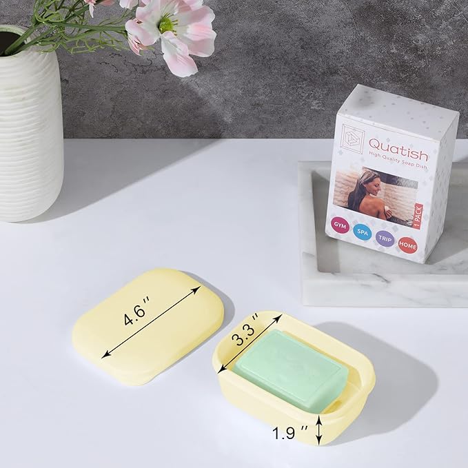 Quatish Leakproof Soap Dish with Lid & Draining Layer, Shatterproof Travel Bar Soap Holder Case Container, Portable Travel Size Toiletries Essentials for Camping, Gym, Bathroom, Yellow