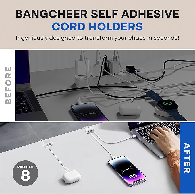 8 Pack Dual-Slot Silicone Cord Cable Clips with Strong Nano Adhesive Cable Organizer Press-to-Lock Design Desktop Wire Management for Home, Office, Car, Desk, Nightstand (White-8Pack)