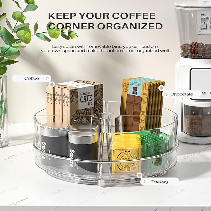 2 Pack Lazy Susan Organizer, 9 inch Rotating Storage Organizer with 4 Removable Bins, Lazy Susan Turntable Organizer for Fridge, Kitchen, Vanity, Cabinet