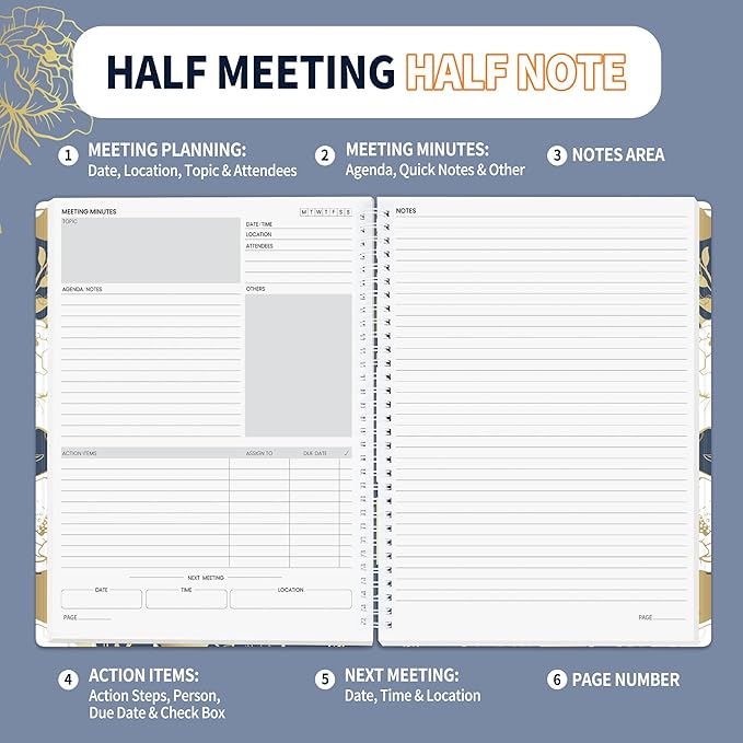 SUNEE Half Meeting Half Note - 8.5"x11" Professional Notebooks for Work - 160 Pages, A4 Size Project Planner, Spiral Meeting Agenda/Minutes Organizer for Women Men, Note Taking, Office & Business