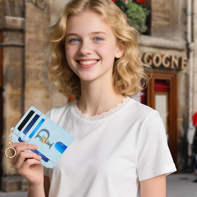 Card wallets for women Slim Minimalist Front Pocket RFID Blocking Wallet Small Compact Card Case with ID Window coin purse, Personalized Birthday Gifts sisters gifts from Sister Mom Daughter Blue