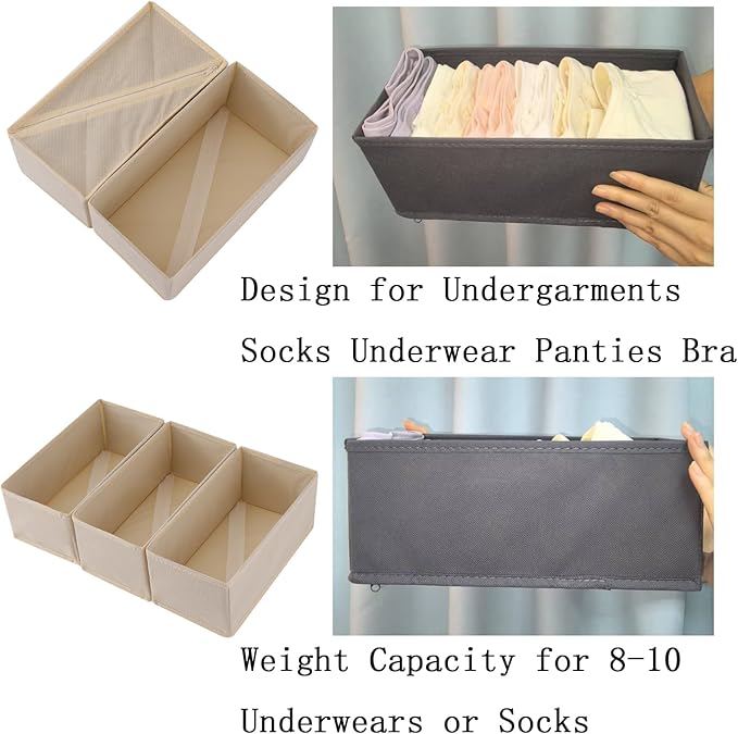 Socks Drawer Organizer Set of 3 Pack Beige, 11' Small Underwear Dividers, Closet Cabinet Dresser Wardrobe Storage Boxes for Girls' Panty Stockings Leggings