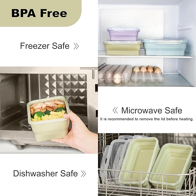 Large Collapsible Food Containers with Lids for Camping & Travel | Leak-Proof Silicone Storage Bowls, 2000ml/1200ml/800ml, Dishwasher, Microwave Freezer Safe, Set of 3