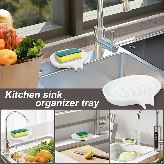AUGFRYZIAN Soap Dish with Drain - Self-Draining Bar Soap Holder for Shower, Marble Look Soap Savers Soap Tray Sponge Holder for Kitchen, Bathroom, Bathtub Sink, Crystal White