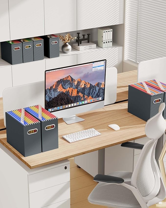 Oterri Cardboard File Organizer Box for Hanging File Folders Letter Size,File Box for Computer Desk,File Cabinet,Working Home,Office,Classroom(Dark Grey, Letter Size - 4 Packs)