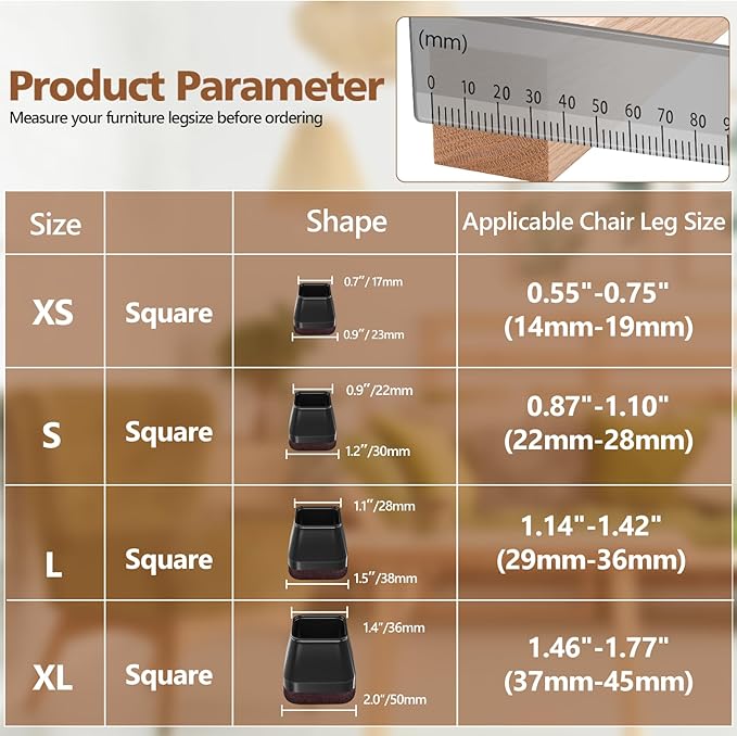 16Pcs Square Chair Leg Floor Protectors with Thickened Felt Pads Silicone Chair Leg Covers Caps to Protect Hardwood Tile Floors Furniture Feet Reduce Noise (Black L Fit 1.14"-1.42")
