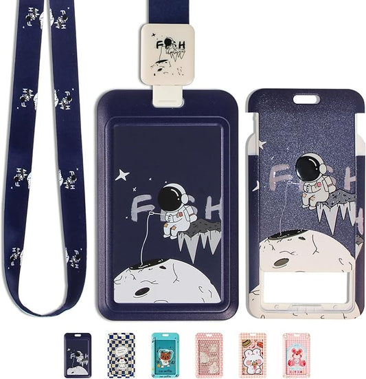 Cute ID Badge Holder with Clip Badge Reels and Lanyards with Badge Reel with 15-inch Pull Cord for School, Teacher, Student, Women, Men (Astronaut)