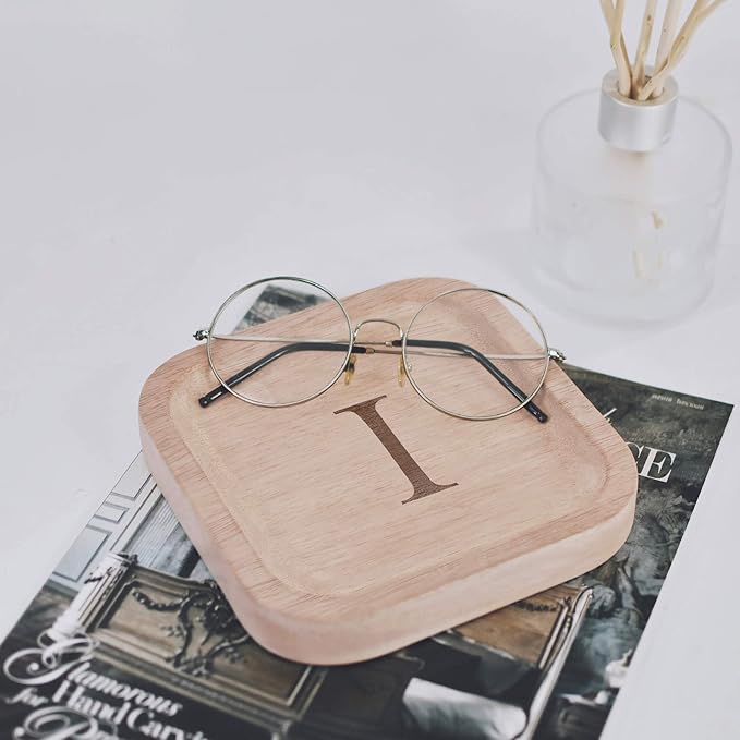 Wooden Personalized Letter Catchall Valet Tray Trinket Dish Jewelry Tray Key Bowl Decorative Plate Organizing Ring Earrings Necklaces Bracelet Watch Coins Wallet Holder (6"x6" Sq Natural "I")