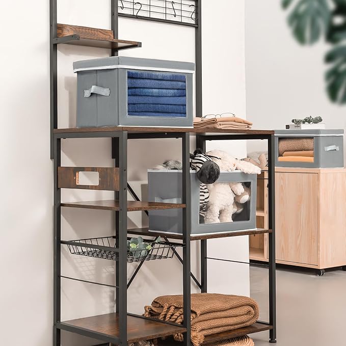 Clothes Organizers and Storage - 6 Pack Large Storage Box with Lids, Foldable Closet Organizer with Lids, Decorative Basket Bins for Home, Dorm, Closet, Grey