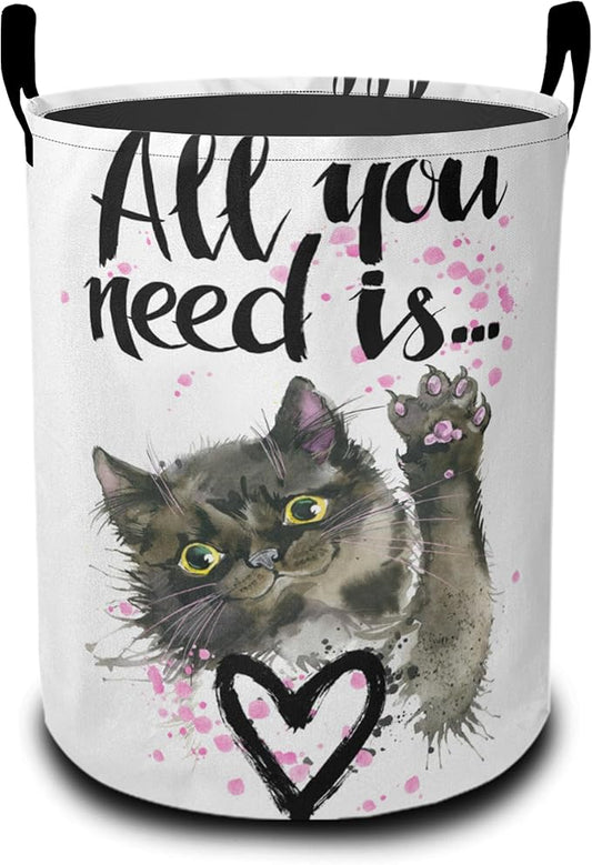 Cute Cat Laundry Basket, All You Need is an Oxford Cloth Laundry Hamper With Handle, Foldable Portable Clothes Storage Basket Storage Bag For Laundry Room/Bathroom/Bedroom/Dormitories