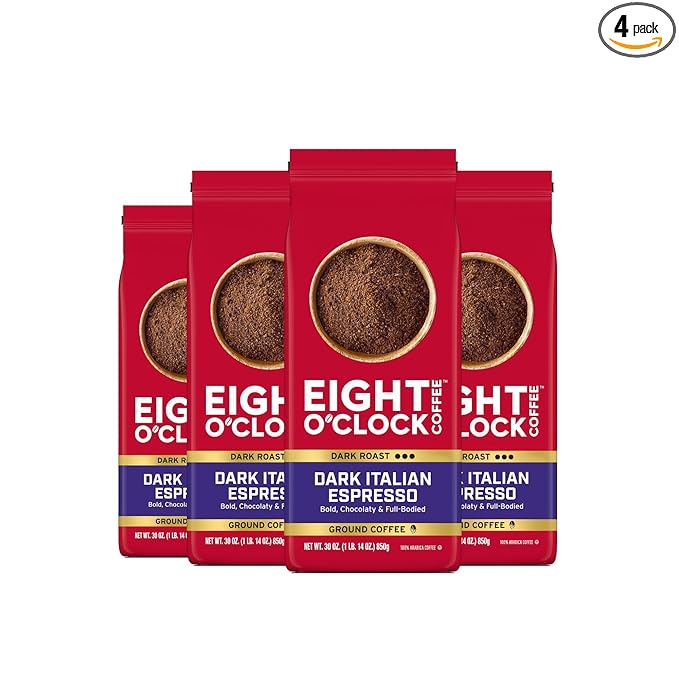 Eight O'Clock Coffee Dark Italian Espresso, Dark Roast Ground Coffee, 100% Arabica, Bold & Chocolaty, 30 Ounce (Pack of 4)