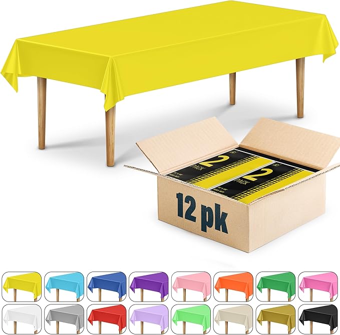 DecorRack 12 Rectangular Tablecloths BPA-Free Plastic, 54 x 108 inch, Dining Table Cloth, Rectangle Table Cover for Parties, Picnic, Camping and Outdoor, Disposable or Reusable, Yellow (12 Pack)
