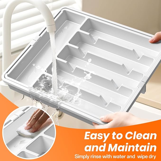 RoomHacks Large Silverware Organizer,Expandable Utensil Drawer Organizer,BPA Free Utensil Holder,Adjustable Silverware Tray Cutlery Drawer Organizer for Kitchen Flatware,Large,White,2 Pack
