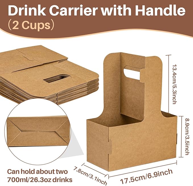 2 Cup Drink Carrier with Handle - 20Pcs Disposable Cardboard Coffee Cup Holder Portable Foldable Tray Drink Caddy Cup Carriers to go Cup Holder Food Delivery Accessories for Hot/Cold Drinks
