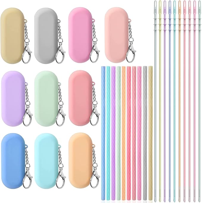 10 Sets Silicone Straws with Case, Reusable Straws Silicone Foldable, Portable Drinking Straw Set for Party Travel Cold or Hot Straw with Carry Case, Cleaning Brush(Light Color)
