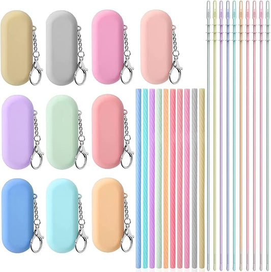 10 Sets Silicone Straws with Case, Reusable Straws Silicone Foldable, Portable Drinking Straw Set for Party Travel Cold or Hot Straw with Carry Case, Cleaning Brush(Light Color)