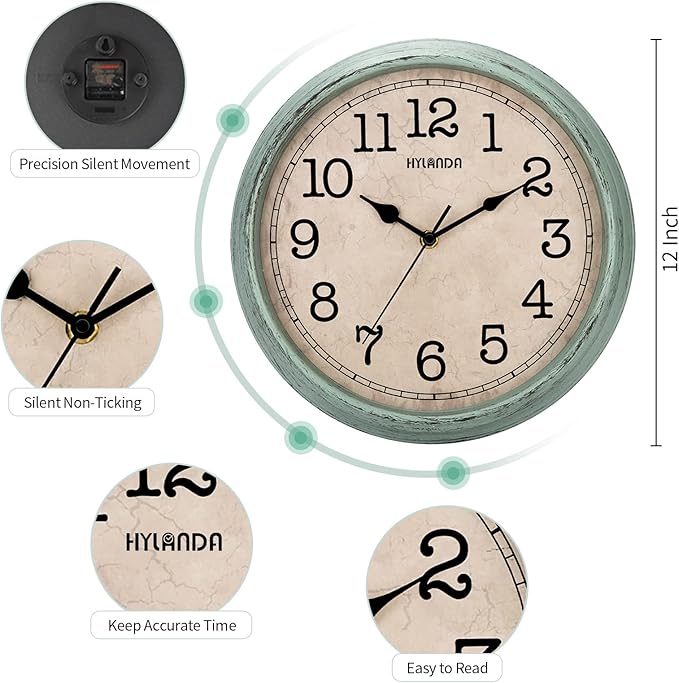 HYLANDA 12 Inch Wall Clock, Silent Non-Ticking Decorative Battery Operated with Large Numbers & HD Glass, Easy to Read for Kitchen/Living Room/Bathroom/Bedroom/Office