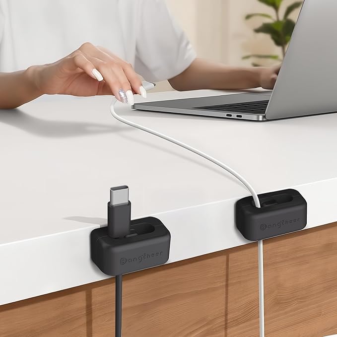 8 Pack Dual-Slot Silicone Cord Cable Clips with Strong Nano Adhesive Cable Organizer Press-to-Lock Design Desktop Wire Management for Home, Office, Car, Desk, Nightstand (Black-8Pack)